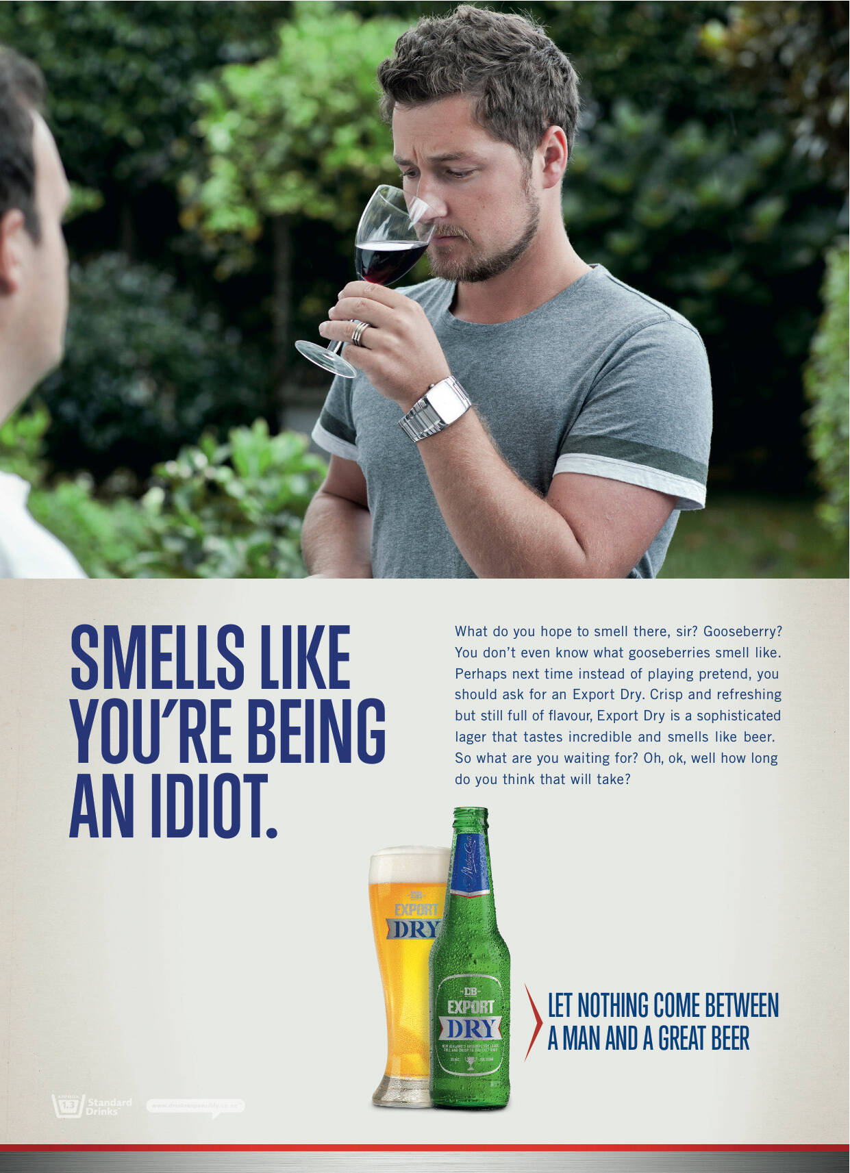 An ad for beer that makes fun of people who like wine