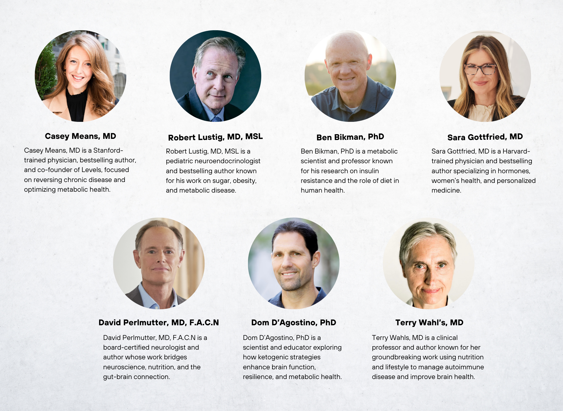 Levels advisors including Casey Means, Robert Lustig, Ben Bikman, Sara Gottfried, David Perlmutter, Dom D'Agostino, and Terry Wahls