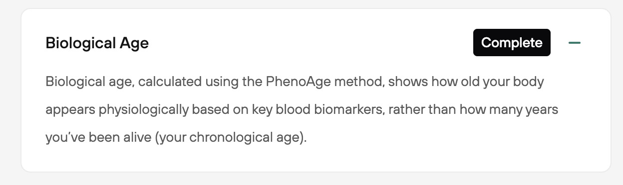 Levels app screenshot showing the Biological Age biomarker card